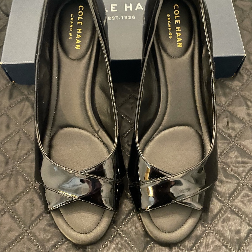 New in Box - Cole Haan black patent leather wedges